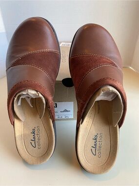 Clarks Laurieann Kyla Dark Tan Combi Leather Suede Clog Mule Shoes 7 Wide
